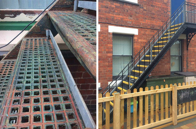 “Photos showing the condition of our fire escape before we carried out refurbishment, and after using anti-slip stair treads during the summer and autumn of 2017. Photos show the refurbishment during and after fitting.” K Monkton “Photos showing the condition of our fire escape before we carried out refurbishment, and after using anti-slip stair treads during the summer and autumn of 2017. Photos show the refurbishment during and after fitting.” K Monkton
